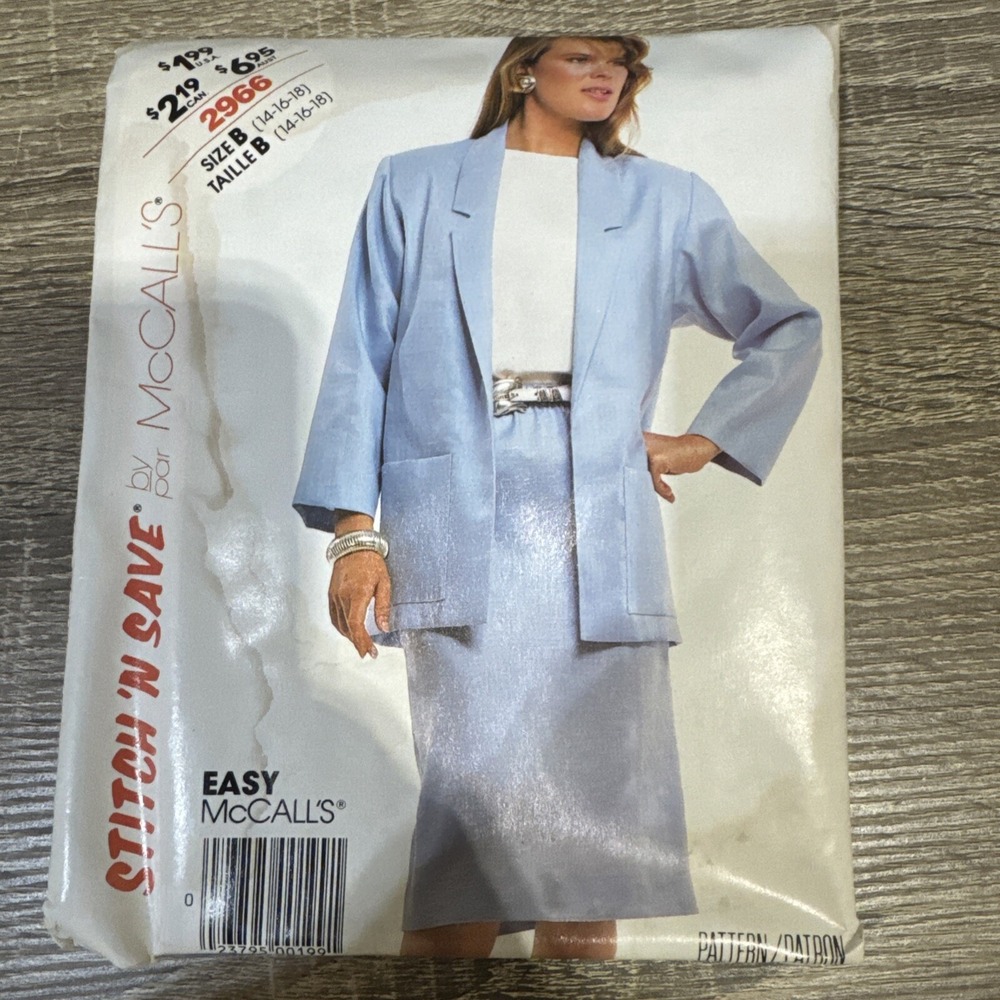 Vintage McCalls Suit Jacket  Skirt Stitch Save Sewing Pattern 2966 Sz 14-18 FF
